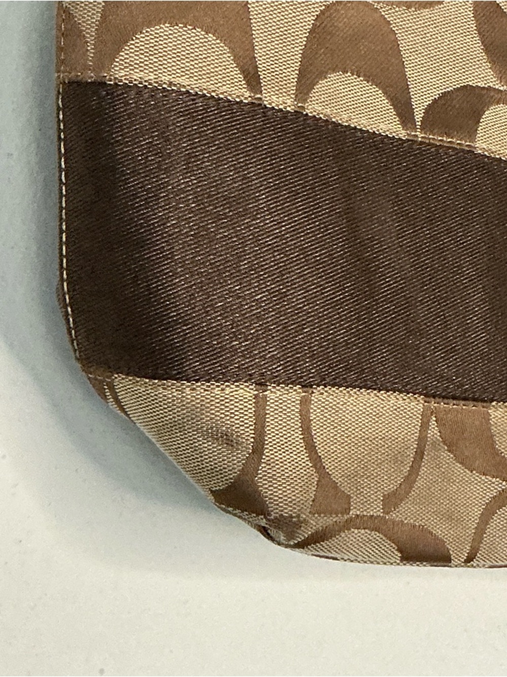 Coach Signature C Stripe Canvas Tote Shoulder Bag Brown Leather Trim Zip Top - Picture 3 of 12